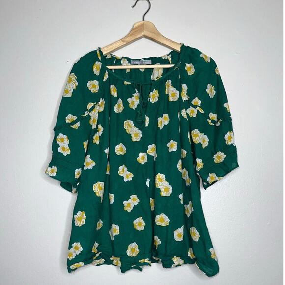 Daniel Rainn Plus 2X Green Floral Ruffle Blouse Linen Cotton Peasant Top - Picture 2 of 7